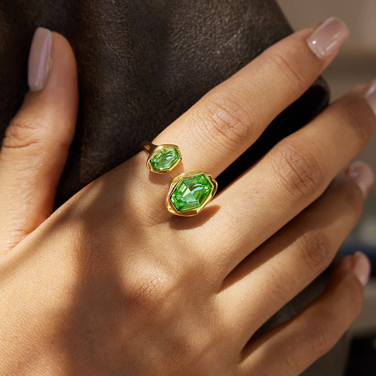 Green Zircon Asymmetric Ring – waterproof stainless steel ring by C'Bella Jewelry