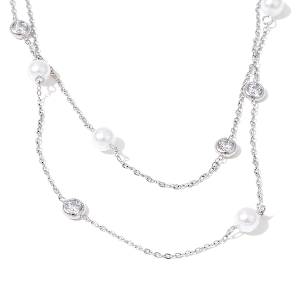 Double Pearl Zircon Necklace – necklace, alternate view 2