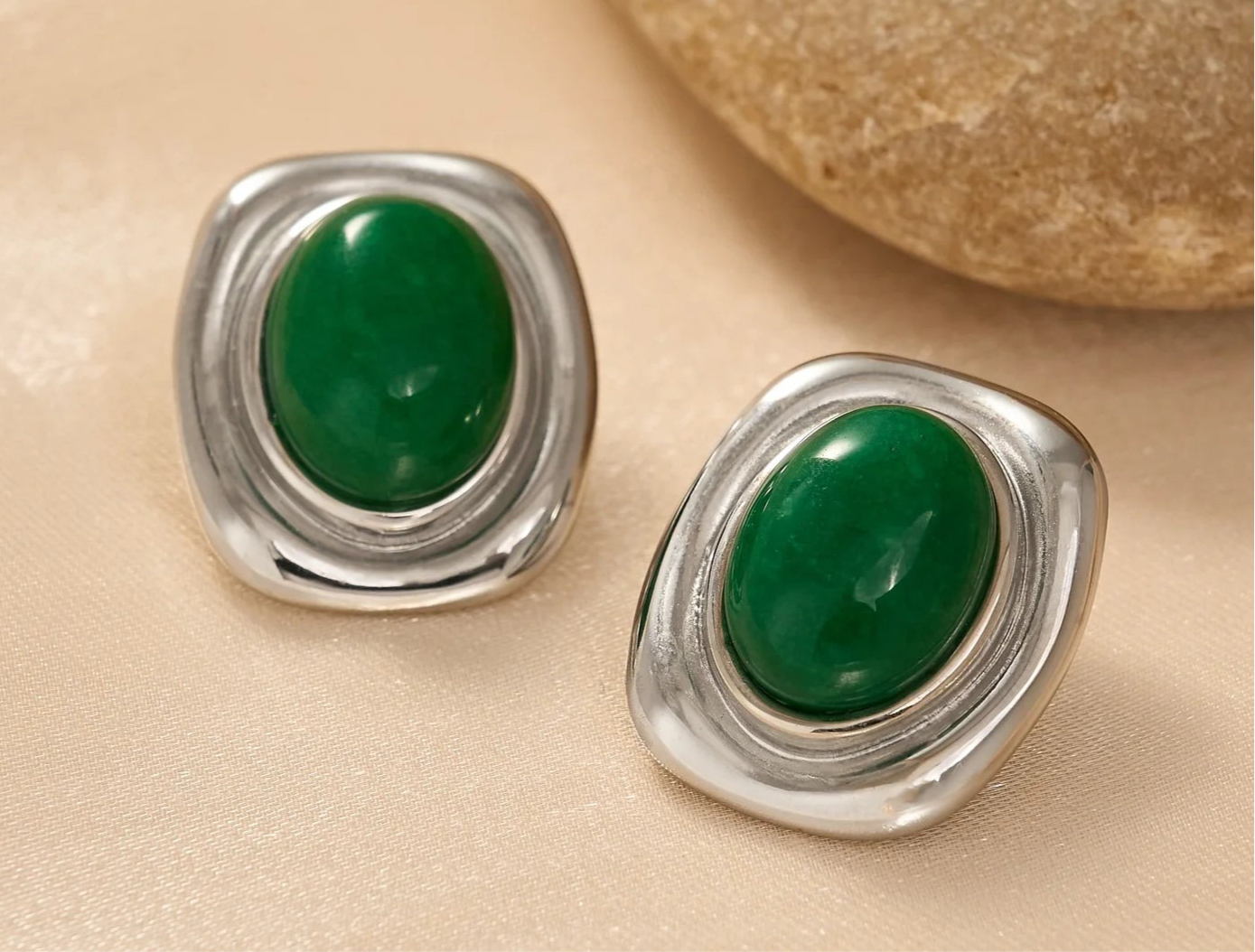 Vintage Oval Natural Stone Stud Earrings