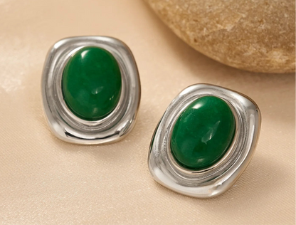 Vintage Oval Natural Stone Stud Earrings