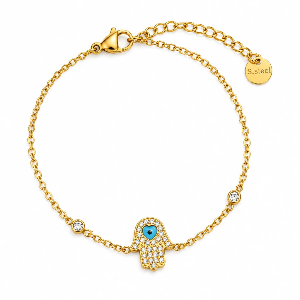 Hamsa Bracelet – waterproof gold evil eye hand chain by C'Bella Jewelry