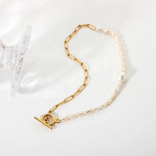 Half Chain Half Freshwater Pearl Necklace – necklace, alternate view 2