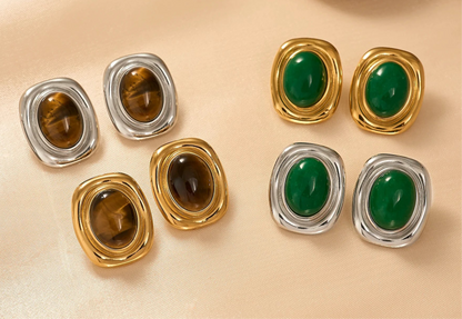 Vintage Oval Natural Stone Stud Earrings