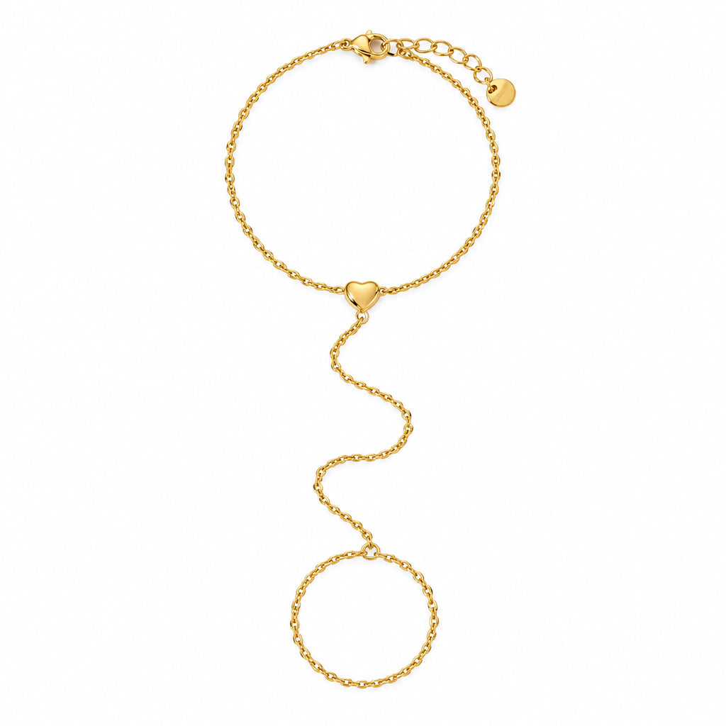 Cora Hand Chain – waterproof 18K gold plated heart hand chain by C'Bella Jewelry