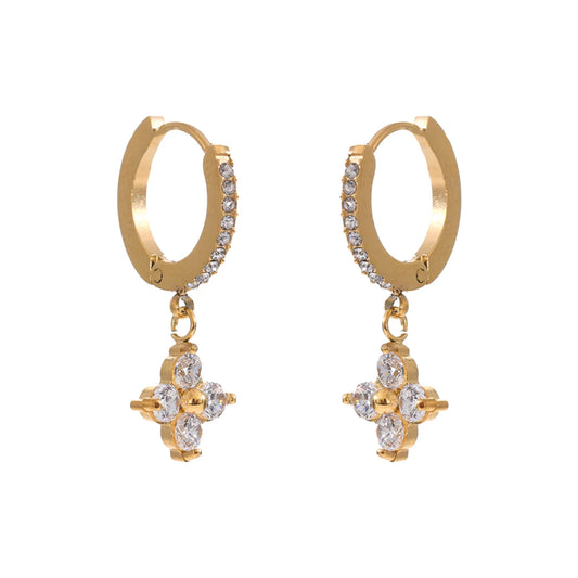 Flower Cubic Zirconia Huggie Drop Earrings – waterproof 18K gold plated stainless steel by C'Bella Jewelry