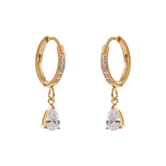 Pear Cubic Zirconia Huggie Drop Earrings – waterproof 18K gold plated stainless steel by C'Bella Jewelry