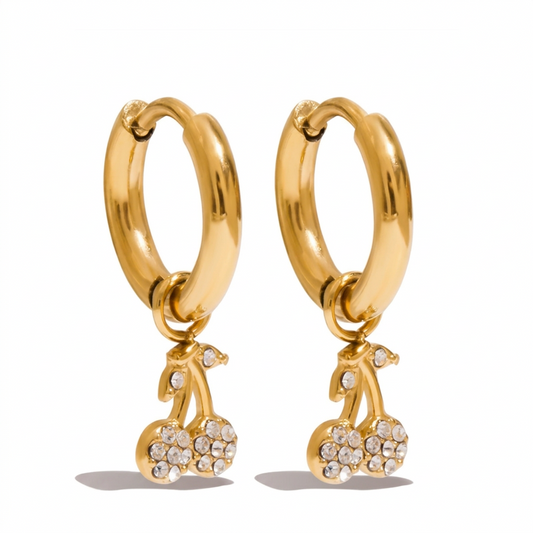 Cherry Cubic Zirconia Charm Gold Hoop Earrings – waterproof 18K gold plated stainless steel by C'Bella Jewelry