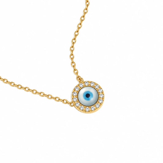 Round Evil Eye Necklace – 18K gold plated round evil eye pendant by C'Bella Jewelry