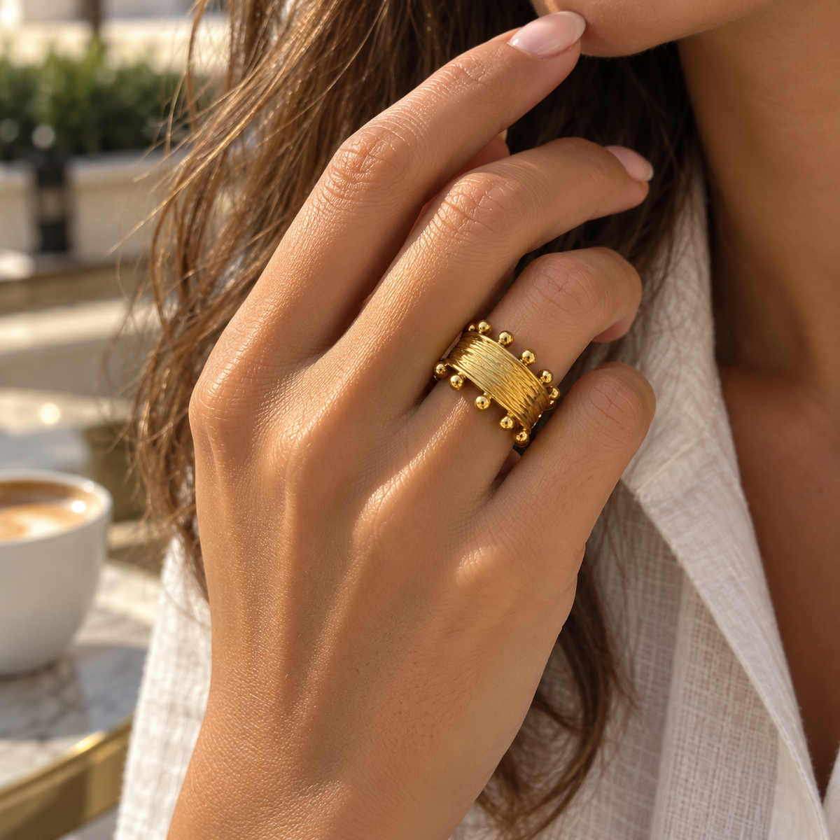 Eylul Wide Ring – detail view by C'Bella Jewelry