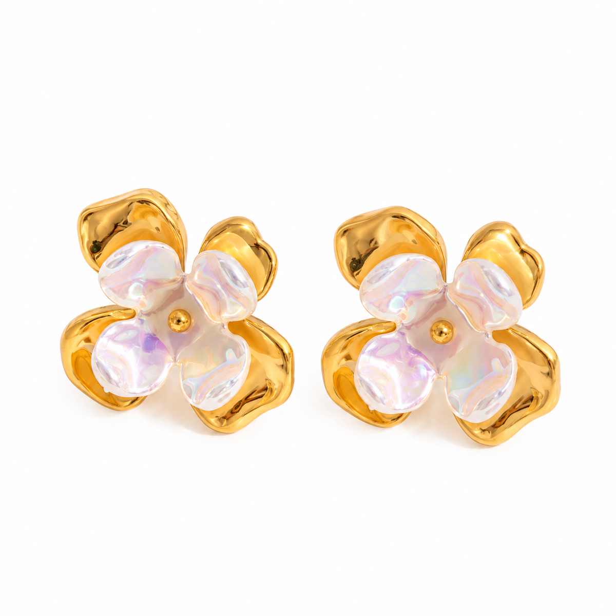 Shell Flower Gold Stud Earrings – waterproof 18K gold plated stainless steel by C'Bella Jewelry