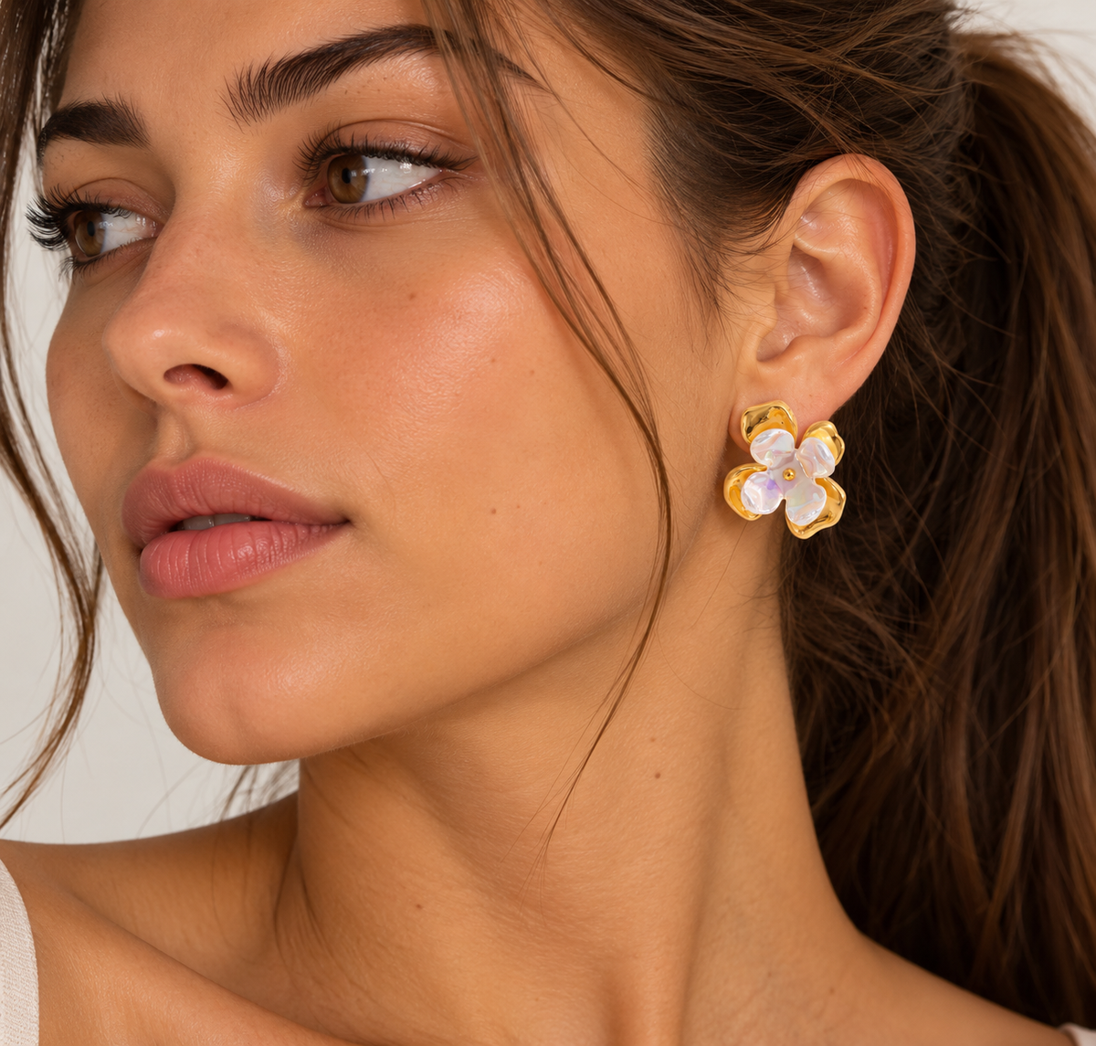 Shell Flower Gold Stud Earrings – view 2 | C'Bella Jewelry