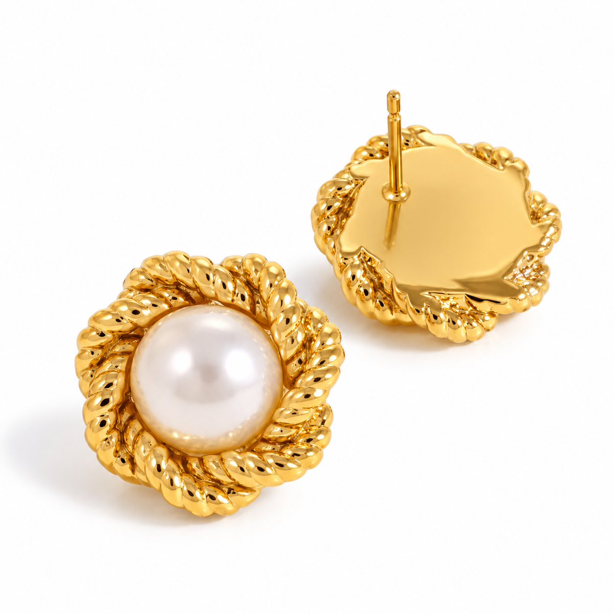 Twist Flower Pearl Gold Stud Earrings – view 3 | C'Bella Jewelry