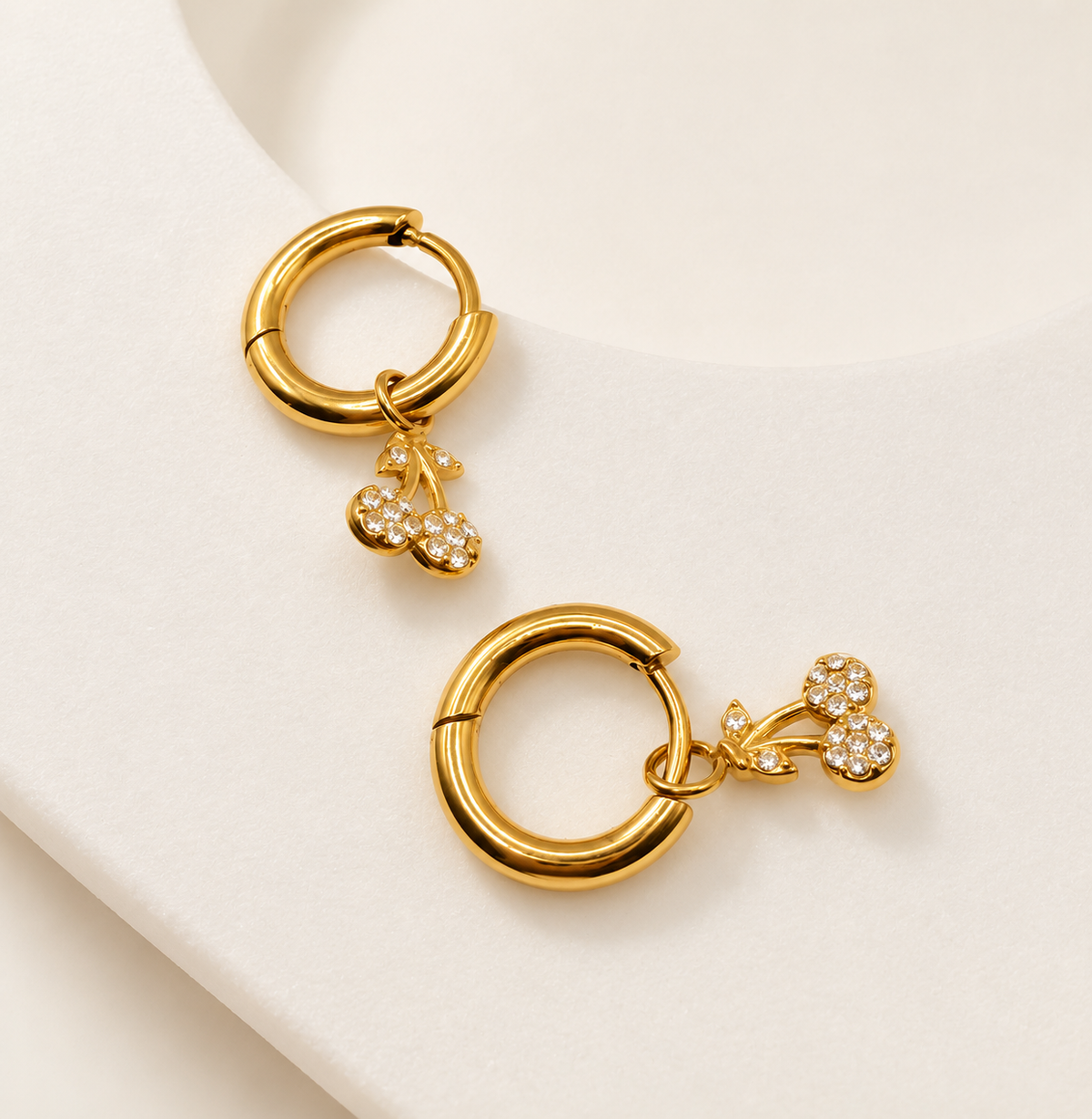 Cherry Cubic Zirconia Charm Gold Hoop Earrings – view 3 | C'Bella Jewelry