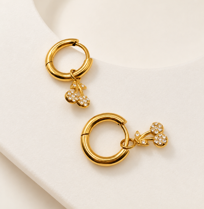 Cherry Cubic Zirconia Charm Gold Hoop Earrings – view 3 | C'Bella Jewelry
