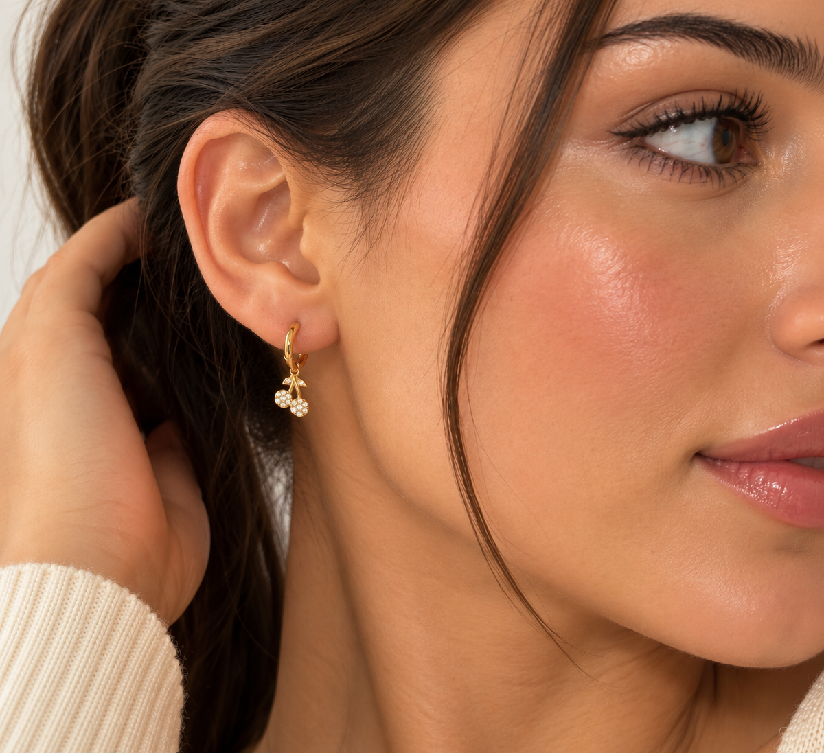Cherry Cubic Zirconia Charm Gold Hoop Earrings – view 2 | C'Bella Jewelry