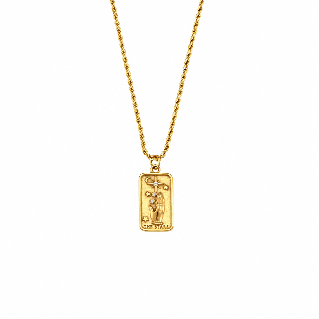 The Stars gold tarot necklace on white background
